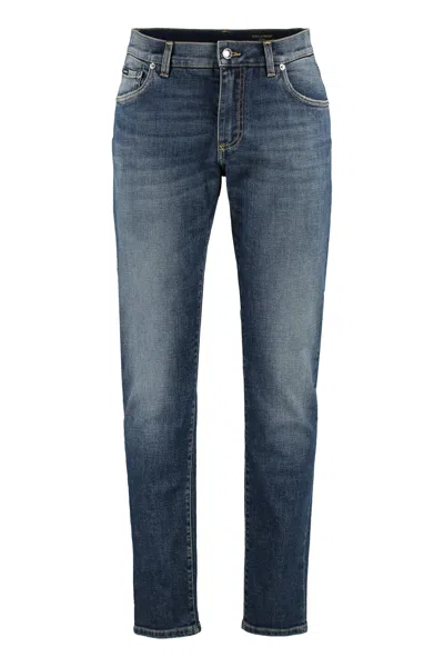 Dolce & Gabbana Slim Fit Jeans With Contrast Stitching And Customized Logo Rivets In Blue
