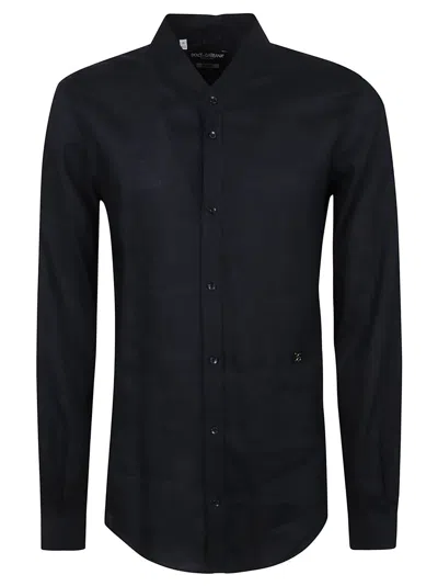 Dolce & Gabbana Black Logo Plaque Linen Long Sleeve Shirt