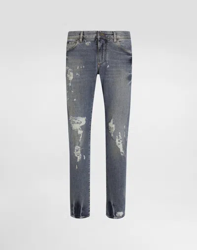 Dolce & Gabbana Jeans Slim In Cotone Stretch Con Placca In Variante Abbinata