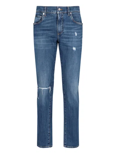 Dolce & Gabbana Straight Leg Trousers Distressed Accents In Blue