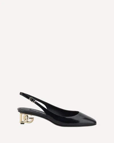 Dolce & Gabbana Logo-heel Patent Leather Slingback Pumps In Black