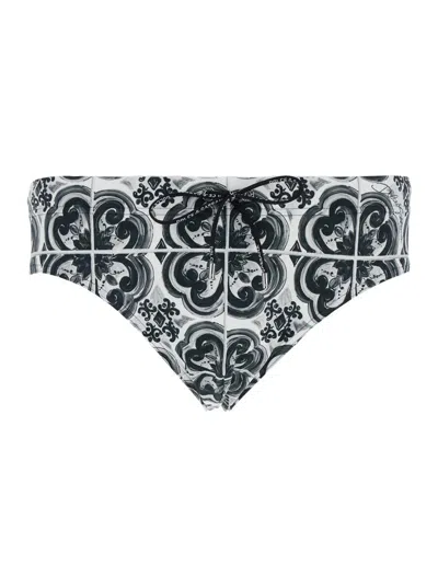 DOLCE & GABBANA BLACK AND WHITE SWIMSUIT WITH ALL-OVER MAJOLICA PRINT IN TECHL FABRIC MAN