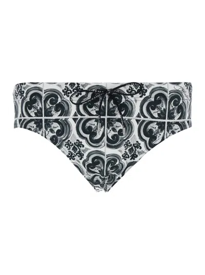 Dolce & Gabbana Black And White Swimsuit With All-over Majolica Print In Techl Fabric Man In Blue
