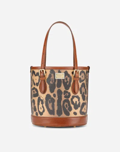 Dolce & Gabbana Small Bucket Bag In Leopard-print Crespo With Branded Plate In Multicolor