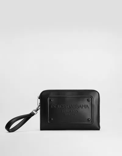 Dolce & Gabbana Small Calfskin Pouch With Raised Logo In Black