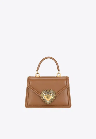 Dolce & Gabbana Small Devotion Crossbody Bag In Calf Leather In Beige