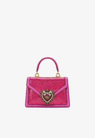 Dolce & Gabbana Small Devotion Glittered Top Handle Bag In Fuchsia
