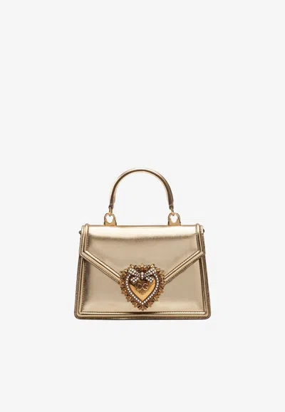 DOLCE & GABBANA SMALL DEVOTION METALLIC LEATHER TOP HANDLE BAG,BB6711 A1016 87503