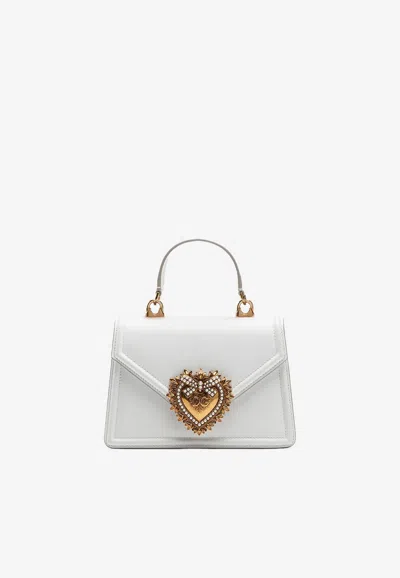 Dolce & Gabbana Small Devotion Metallic Leather Top Handle Bag In White
