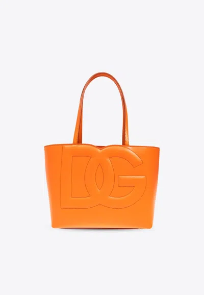 Dolce & Gabbana Small Dg Logo Leather Tote Bag In Orange