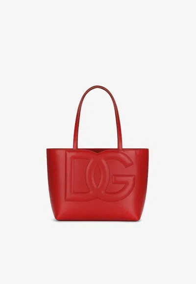 Dolce & Gabbana Small Dg Logo Tote Bag In Calf Leather In Red
