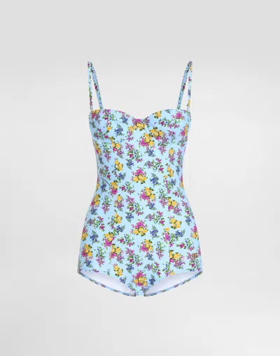 Dolce & Gabbana Small Floral-print Balconette One-piece Swimsuit In Blue