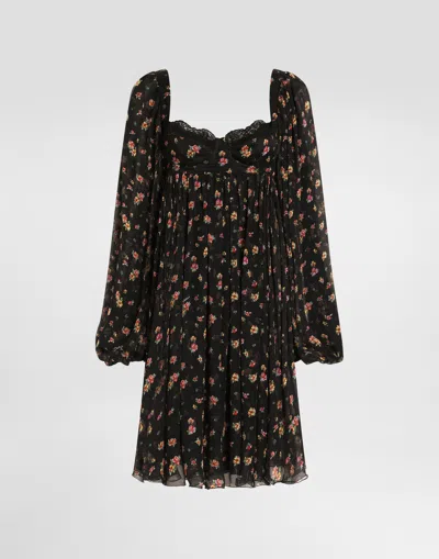 Dolce & Gabbana Small Floral-print Chiffon Dress In Black