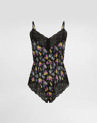 Dolce & Gabbana Small Floral-print Satin And Lace Bodysuit In Multi