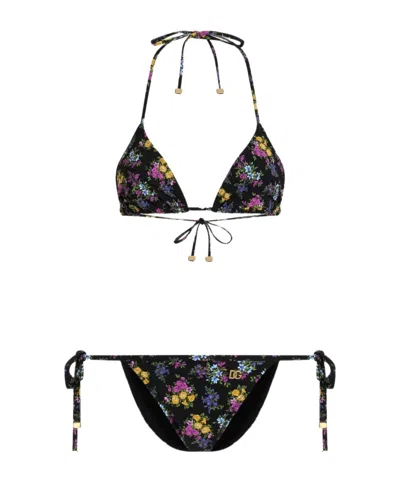 Dolce & Gabbana Small Floral-print Triangle Bikini In Black