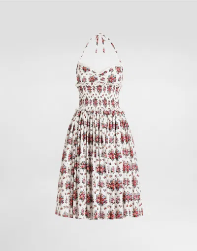 Dolce & Gabbana Small Flower Bouquet-print Poplin Dress In Multi