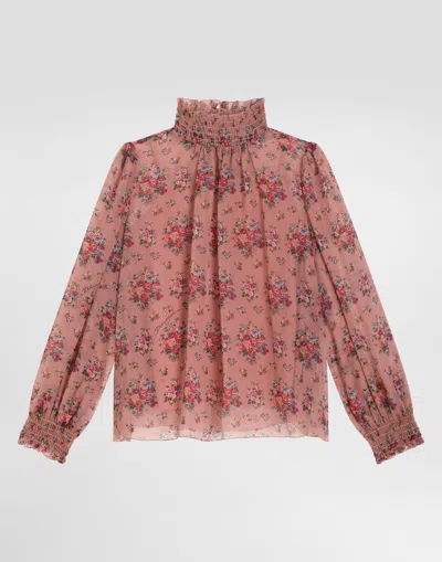 Dolce & Gabbana Kids' Small Flower Bouquets-print Chiffon Blouse In Pink