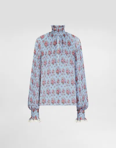 Dolce & Gabbana Small Flower Bouquets-print Chiffon Top In Blue