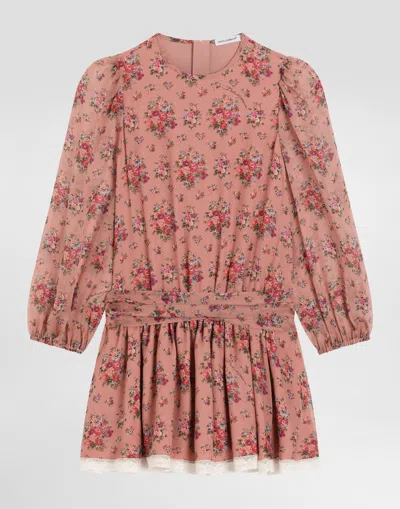 Dolce & Gabbana Kids' Small Flower Bouquets-print Chiffon Dress In Pink