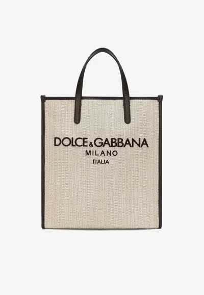 Dolce & Gabbana Small Structured Canvas Shopper In Beige