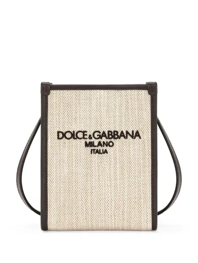 Dolce & Gabbana Small Logo-embroidered Canvas Shoulder Bag In Neutrals