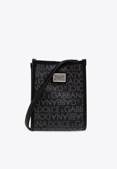 Dolce & Gabbana Small Logo Jacquard Messenger Bag In Black