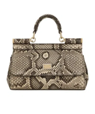 Dolce & Gabbana Dolce  Gabbana Small Logo Plaque Embossed Sicily Handbag In Nude