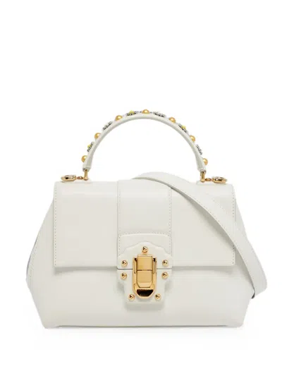 Pre-owned Dolce & Gabbana Small Lucia Embellished-top-handle Tote Bag In White