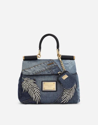 Dolce & Gabbana Small Patchwork Denim Sicily Soft Bag With Embroidery