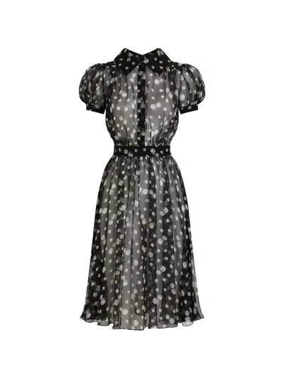 Dolce & Gabbana Small Rose And Polka Dot-print Chiffon Dress In Black
