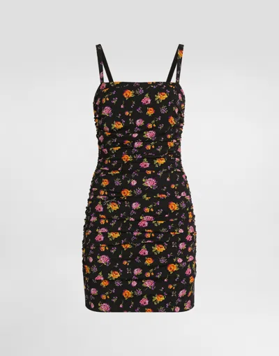 DOLCE & GABBANA SMALL ROSE BOUQUETS-PRINT DRAPED CHARMEUSE DRESS