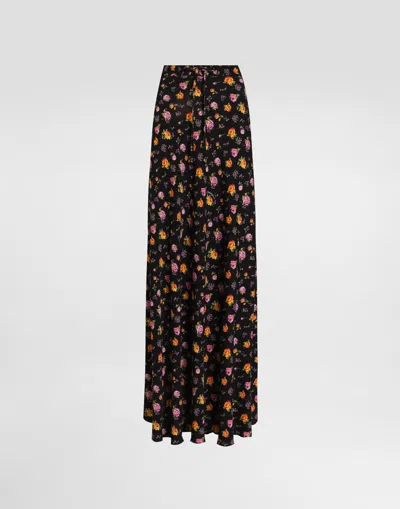 Dolce & Gabbana Small Rose Bouquets-print Flared Charmeuse Skirt In Black
