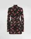 Dolce & Gabbana Black Dress With Floral Print And Side Draping In Silk Woman In Multi