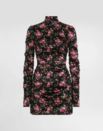 DOLCE & GABBANA SMALL ROSE BOUQUETS-PRINT LONG SATIN DRESS
