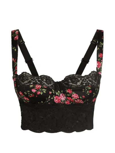 Dolce & Gabbana Small Rose Bouquets-print Satin And Lace Balconette In Black