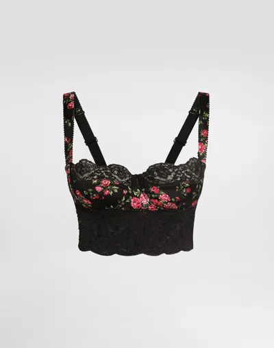 Dolce & Gabbana Small Rose Bouquets-print Satin And Lace Balconette In Black