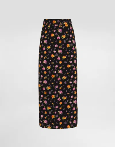Dolce & Gabbana Small Rose Bouquets-print Straight Charmeuse Skirt In Multi