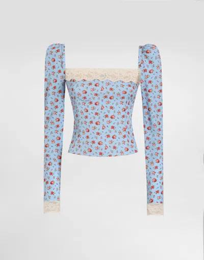 Dolce & Gabbana Small Rose-print Charmeuse Top In Blue