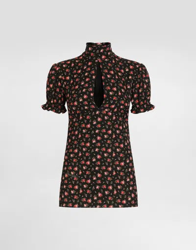 Dolce & Gabbana Small Rose-print Charmeuse Top In Multi