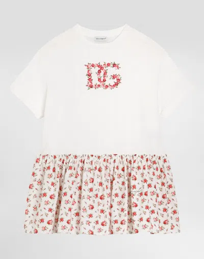 Dolce & Gabbana Kids' Small Rose-print Dress With Dg Patch In White