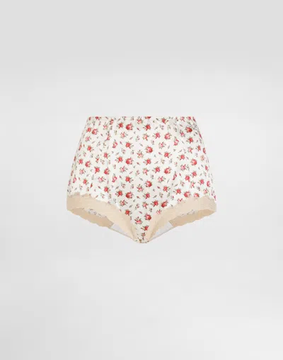 Dolce & Gabbana Small Rose-print Lace And Satin Briefs In White