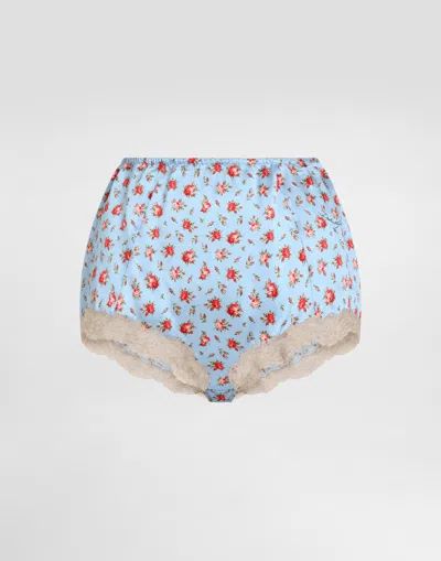 Dolce & Gabbana Small Rose-print Lace And Satin Briefs In Blue