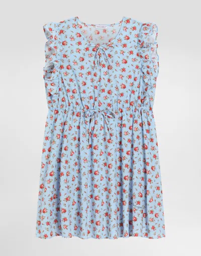 Dolce & Gabbana Kids' Small Rose-print Muslin Dress In Blue