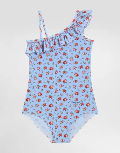 Dolce & Gabbana Kids' Small Rose-print One-piece Swimsuit In Blue