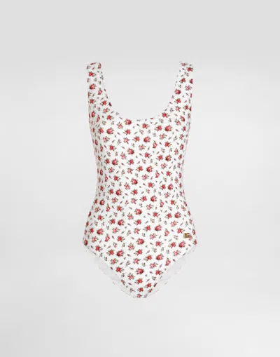 Dolce & Gabbana Small Rose-print One-piece Swimsuit In White