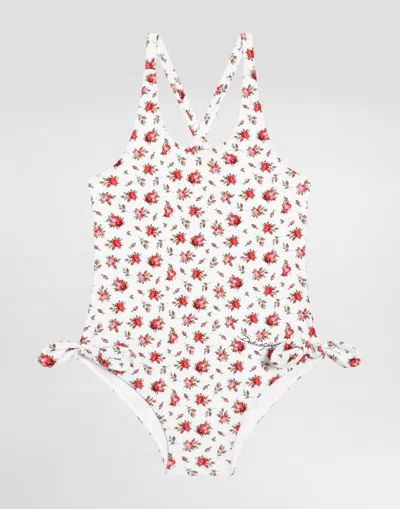 Dolce & Gabbana Kids' Small Rose-print One-piece Swimsuit In White