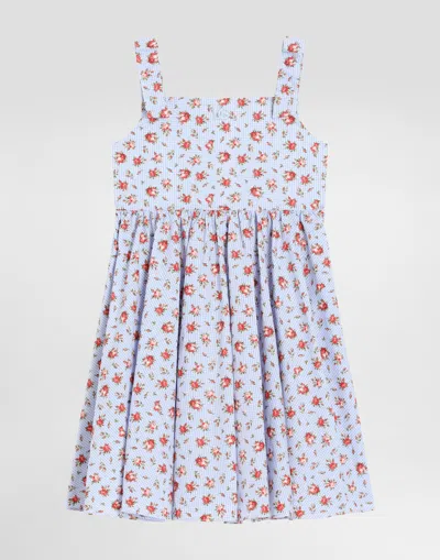 Dolce & Gabbana Kids' Small Rose-print Poplin Dress In Blue