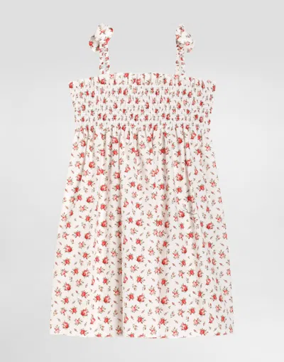 Dolce & Gabbana Kids' Small Rose-print Poplin Dress In Neutral