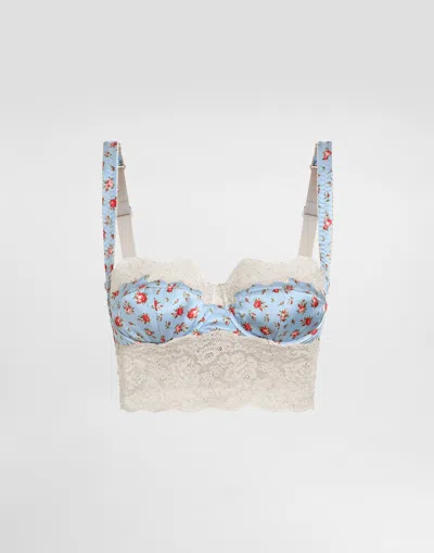 Dolce & Gabbana Small Rose-print Satin And Lace Balconette In Blue