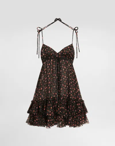 Dolce & Gabbana Small Rose-print Short Chiffon Dress In Multi